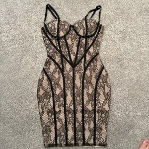 Super sexy mini dress body shaping beige dress with lace overlay
